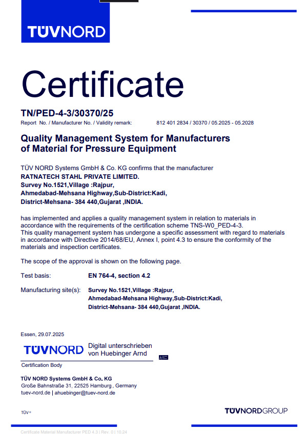 PED Article 4.3 Material Manufacturer QMS certificate