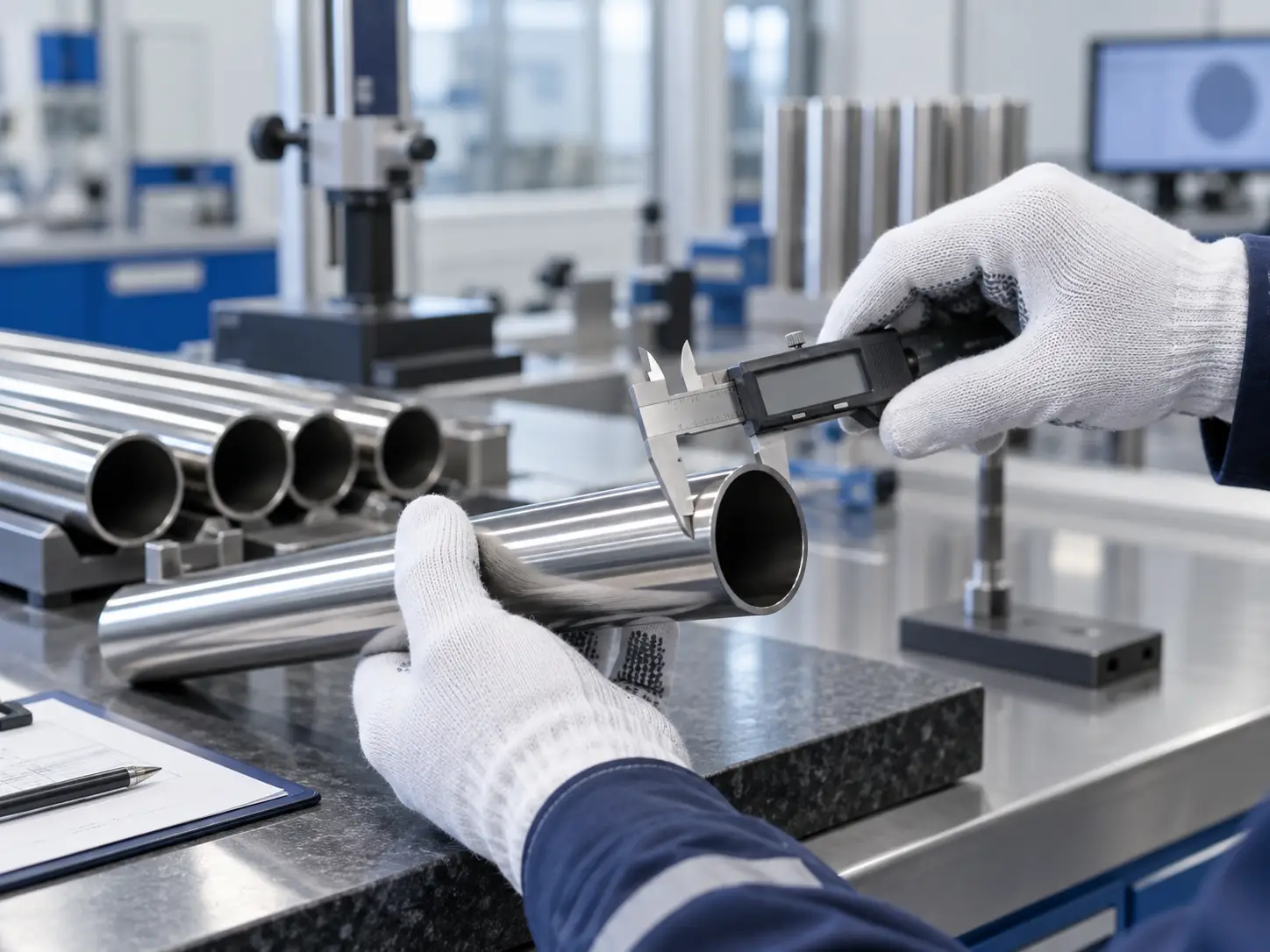 Quality inspection of stainless steel tube using precision measuring equipment